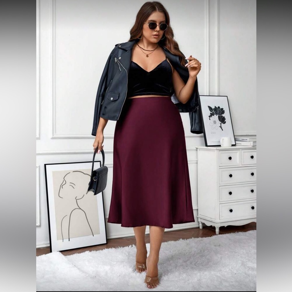 Burgundy Satin Midi Skirt